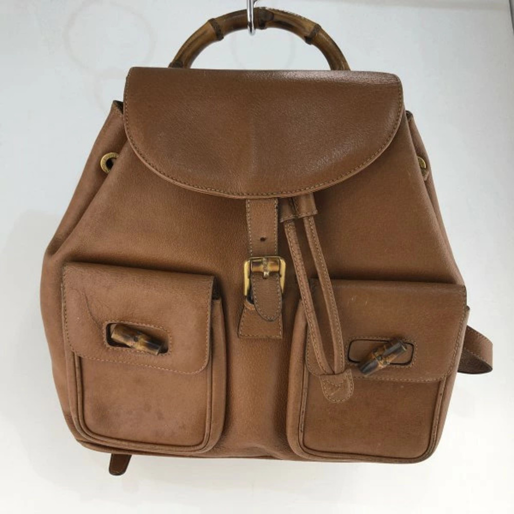 Gucci Bamboo Drawstring Backpack Rucksack Leather Brown